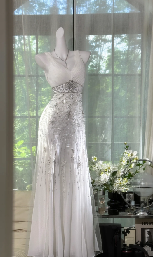 Elegant V Neck White Chiffon Sequin Beaded Mermaid Evening Dress Long Prom Dresses
