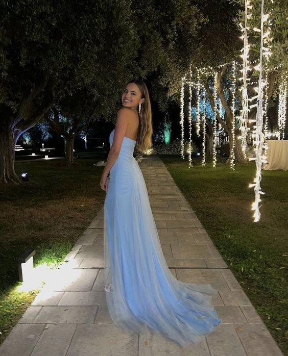 Sexy Strapless Light Blue Slit Prom Dress Long Party Evening Dress