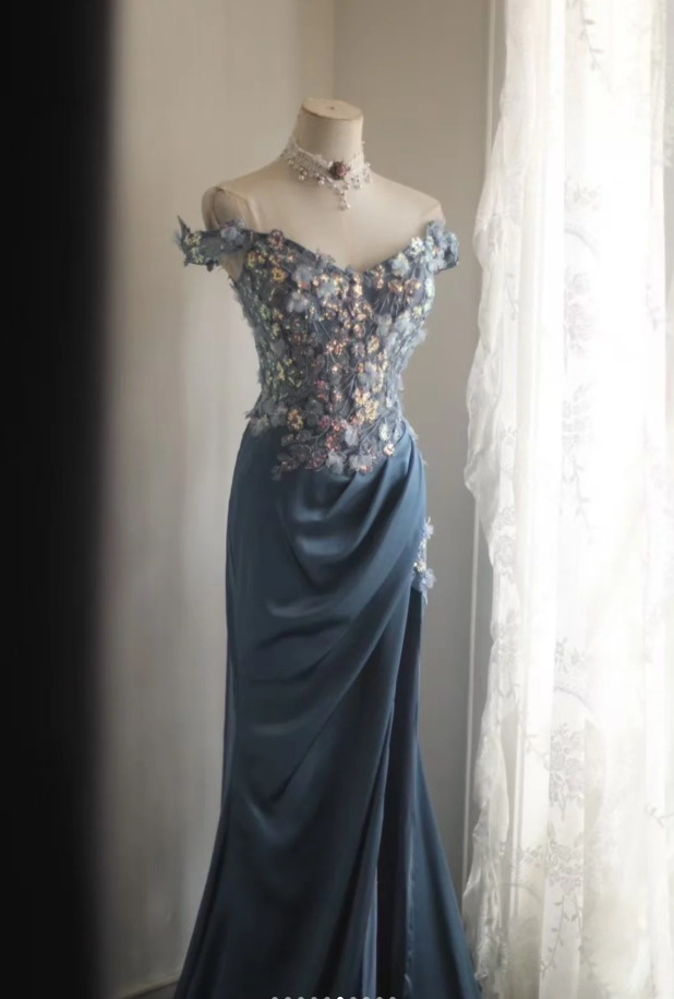 Gorgeous Off The Shoulder V Neck Satin Sequin Appliques Evening Dress Long Mermaid Slit Prom Dresses