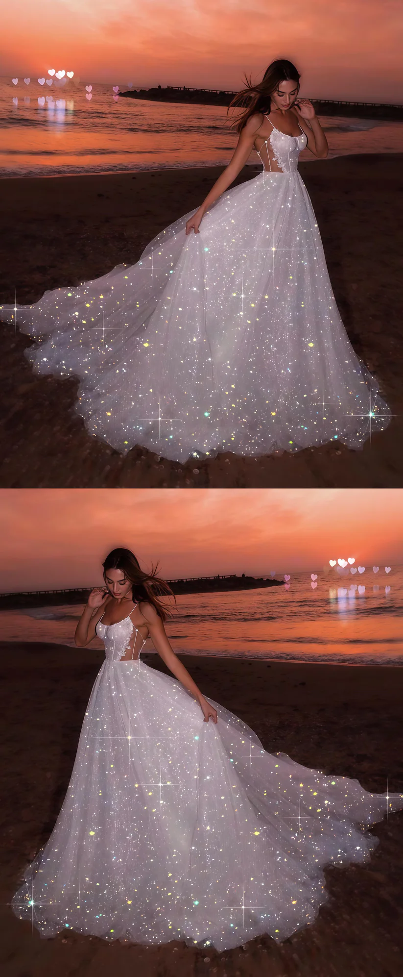 Sparkly Shite Tulle Sequins Prom Dress,Long A Line Wedding Dress Evening Dress