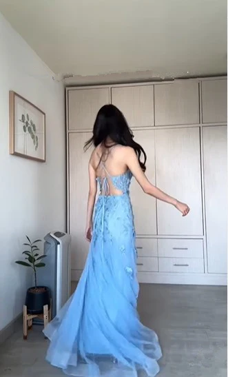 Charming Blue Mermaid Tulle Appliques Evening Dress,Long Prom Party Dress