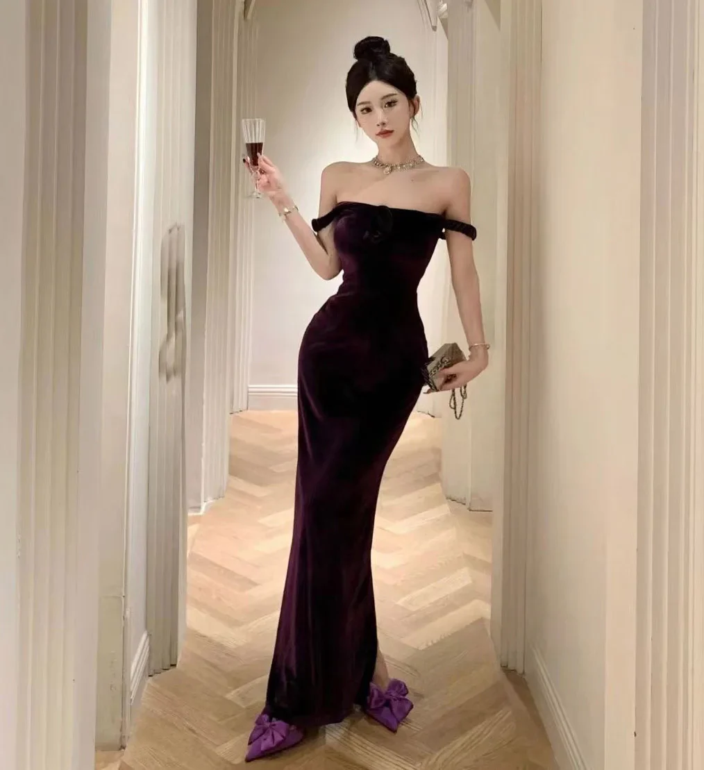 Purple Elegant Off Shoulder Mermaid Evening Dress,Velvet Slit Mermaid Party Prom Dress