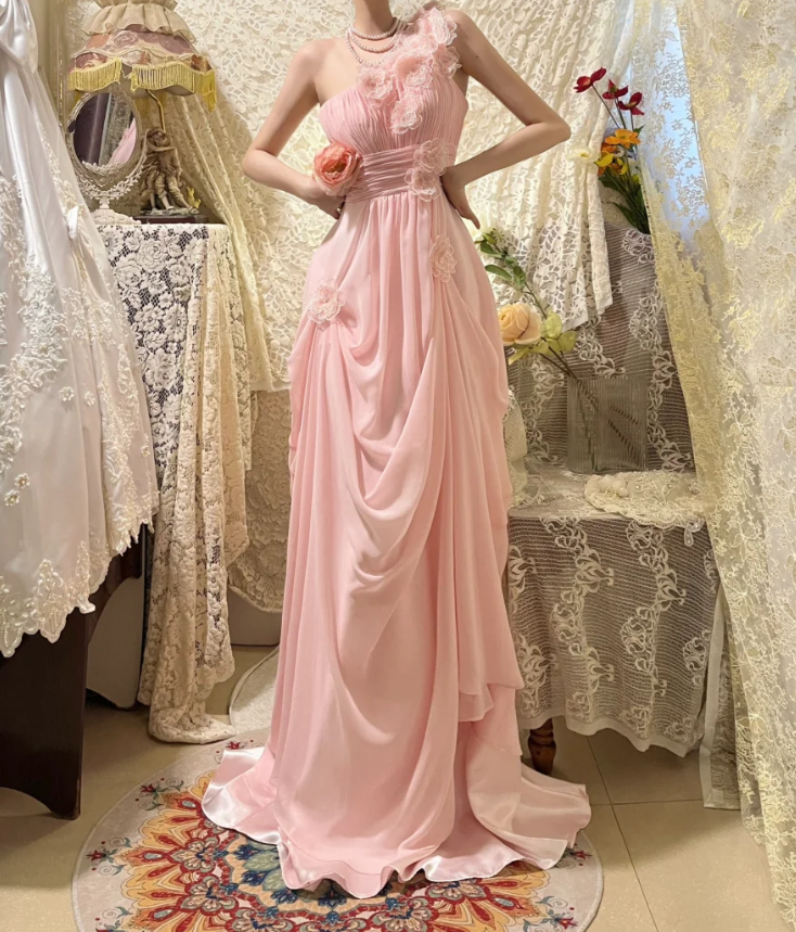 Classy Pink One Shoulder Chiffon Pleated Appliques Long Party Dress Prom Dress Formal Wedding Guest Dress