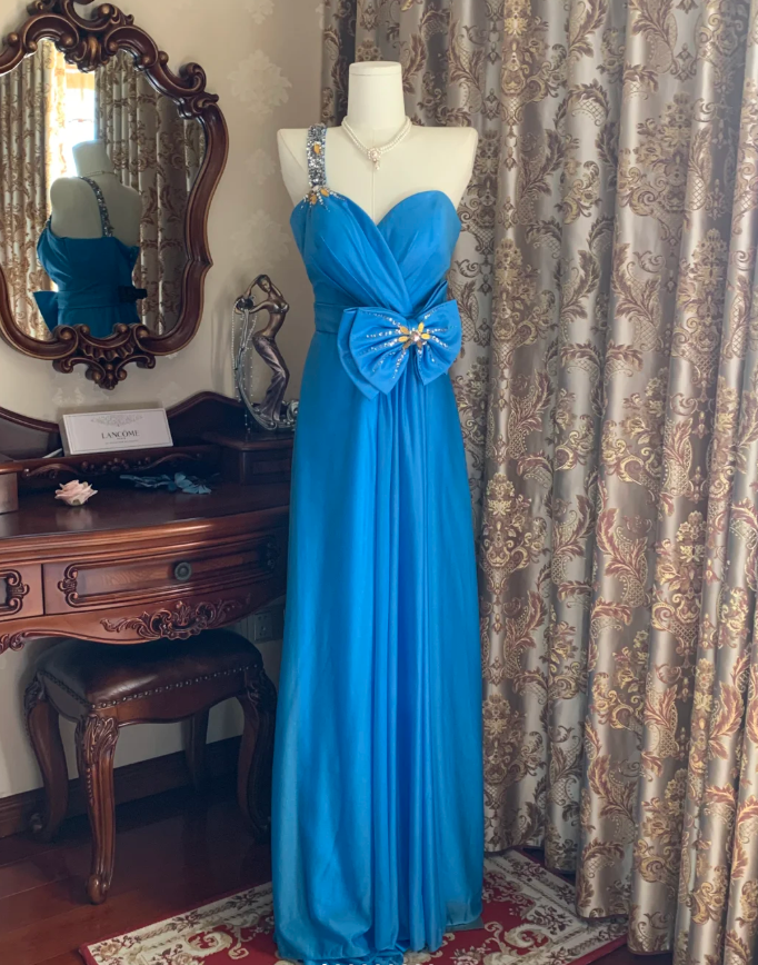 Vintage One Shoulder Blue Satin Beaded Long Wedding Guest Dress Birthday Party Dress With Bow
