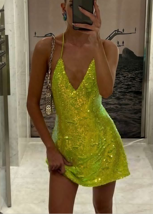 Sexy V Neck Sequin Bright Green Short Party Dress 18th Birthday Outfits