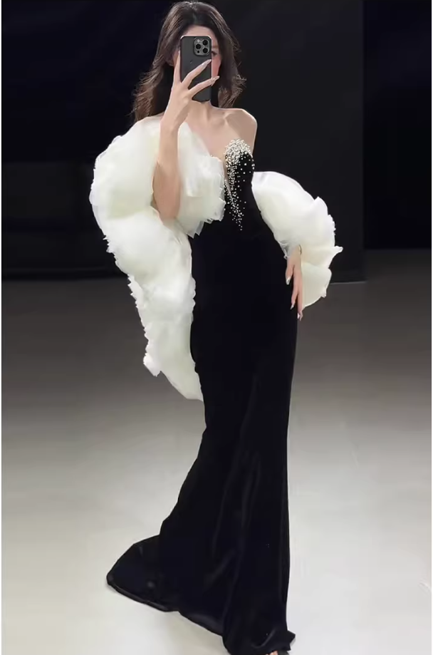 Gorgeous Strapless Black Velvet Beaded Mermaid Long Prom Dress Birthday Party Dress