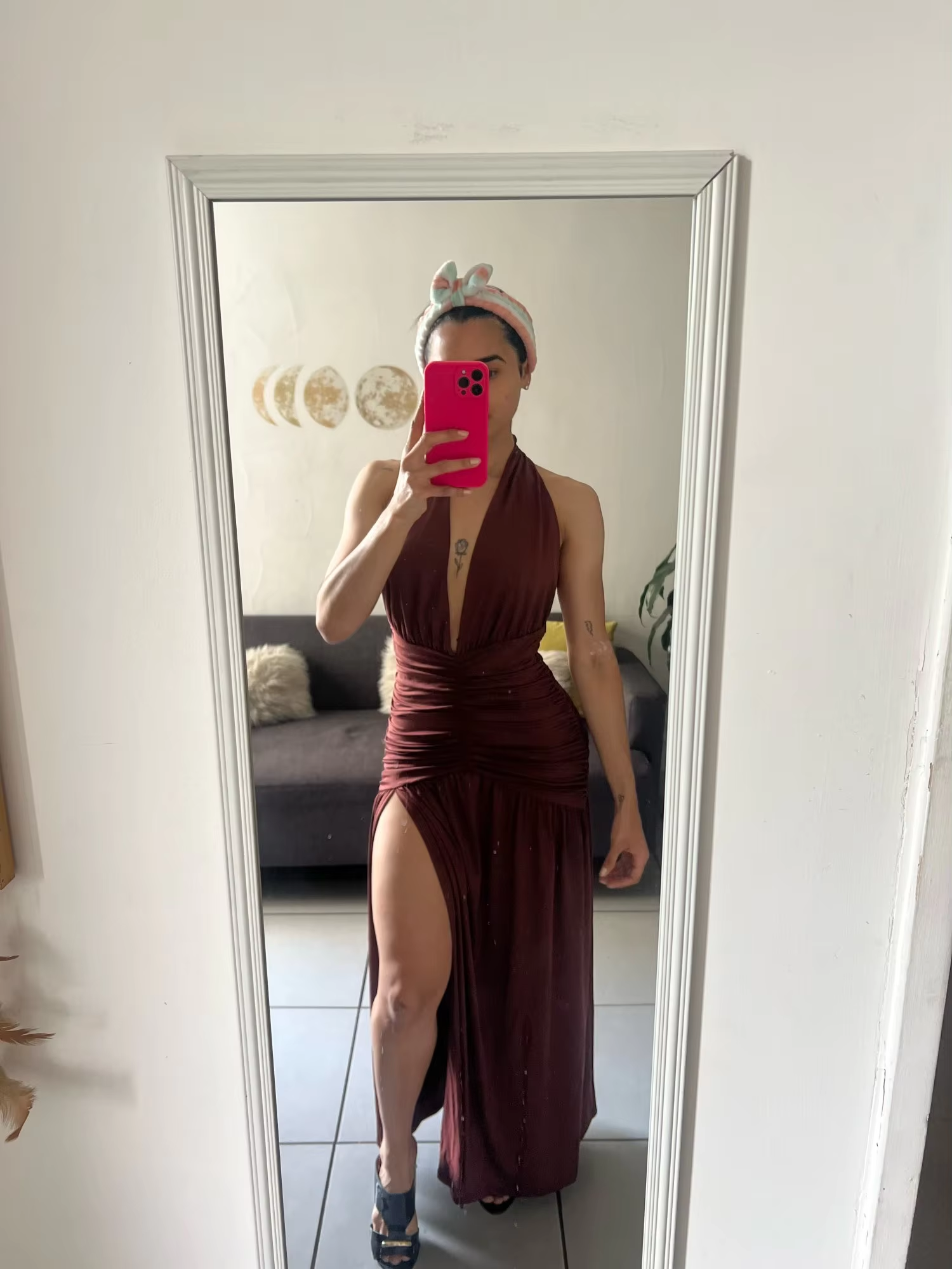 Sexy Halter Backless Party Evening Dress,Brown V Neck Slit Prom Dress