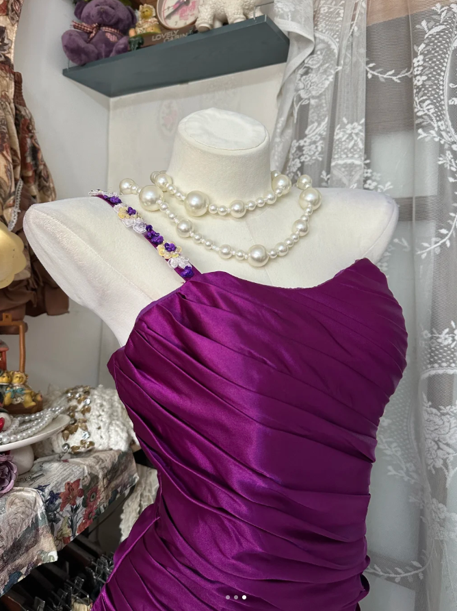 Vintage One Shoulder Satin Pleated Mermaid Evening Dress Long Birthday Party Dress