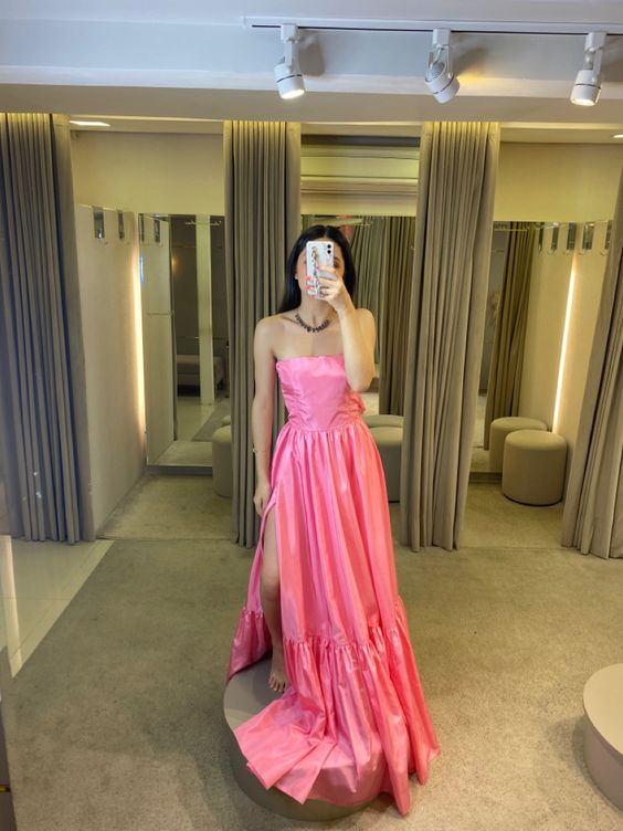 Simple Pink Long A Line Prom Dresses Strapless Sleeveless Club Gowns Side Slit Formal Party Night Evening Dress