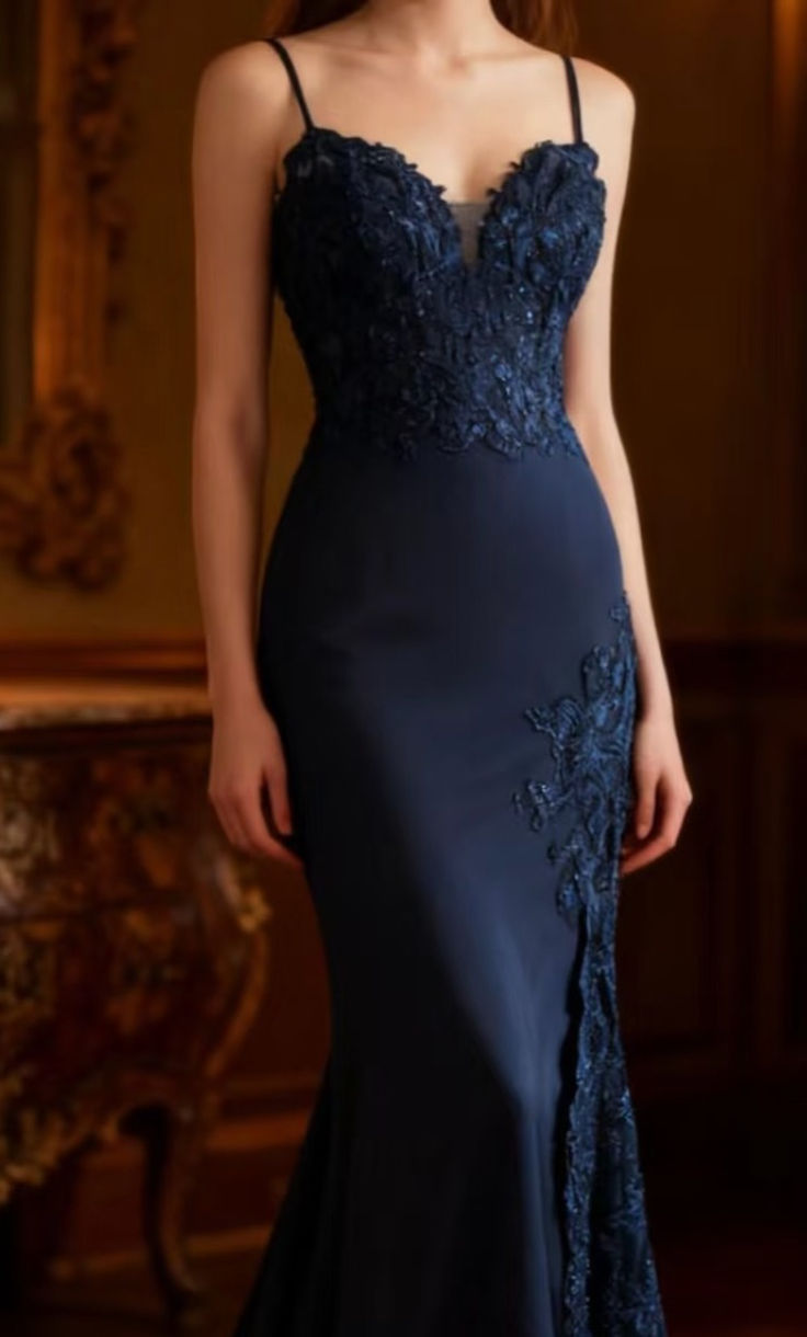 Vintage Spaghetti Strap Navy Blue Satin Appliques Mermaid Long Wedding Guest Dress Birthday Evening Dress