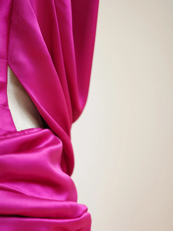 Charming One Shoulder Satin Pleated Mermaid Long Party Dress Hot Pink Wedding Guest Dress