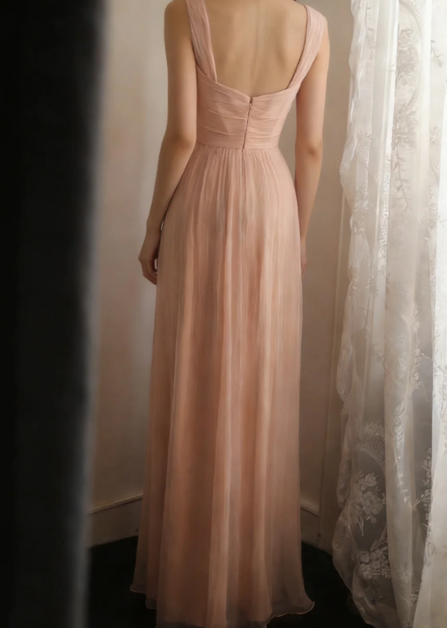 Classy Nude Pink Chiffon A Line Long Wedding Guest Dress Formal Birthday Party Dress