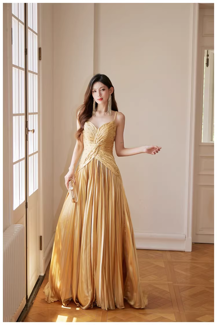 Gorgeous Spaghetti Straps Gold Satin Pleated Beaded A Line Long Evening Dress Birthday Dress