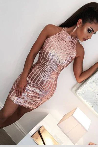 Sexy Rose Gold Jewel Sheath Mini Short Dresses Homecoming Dress Cocktail Dress