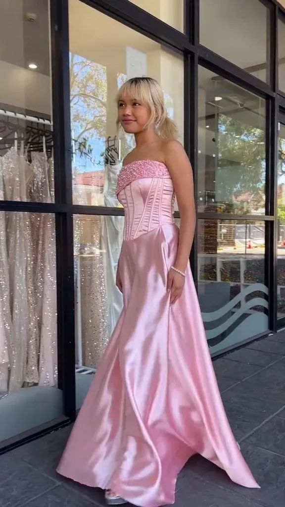 Pink Strapless Beaded Satin Party Dress A Line Prom Evening Dress
