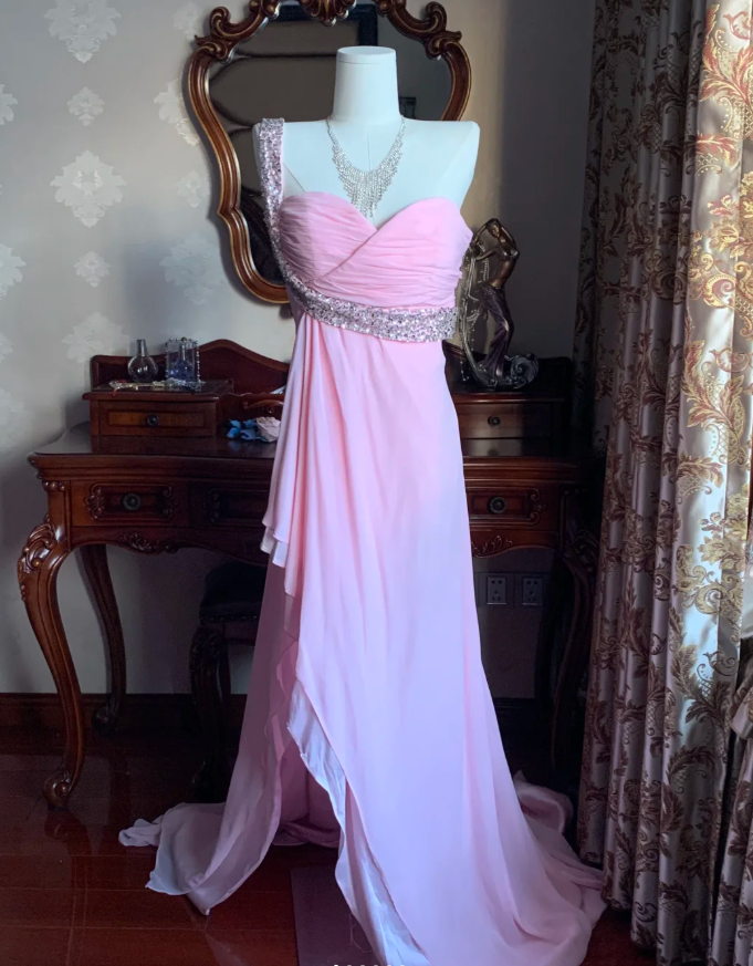 Classy One Shoulder Chiffon Beaded Mermaid Long Wedding Guest Dress Pink Evening Dress