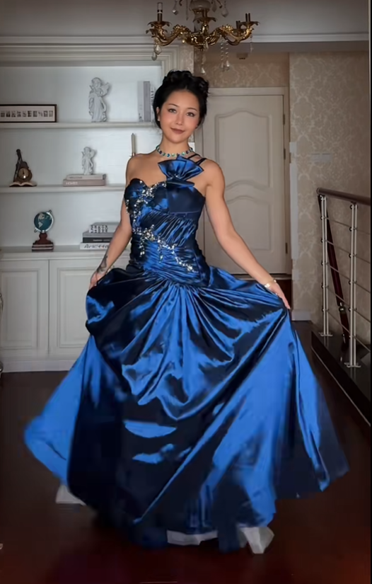 Elegant Spaghetti Straps Navy Blue Satin Pleated Beaded Long Party Dress Prom Gown