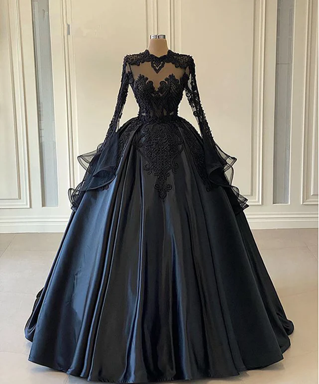 Puffy Ball Gown Women Long Sleeve Evening Dress Black Lace Twill Satin Beaded Dubai Style Formal Prom Dresses