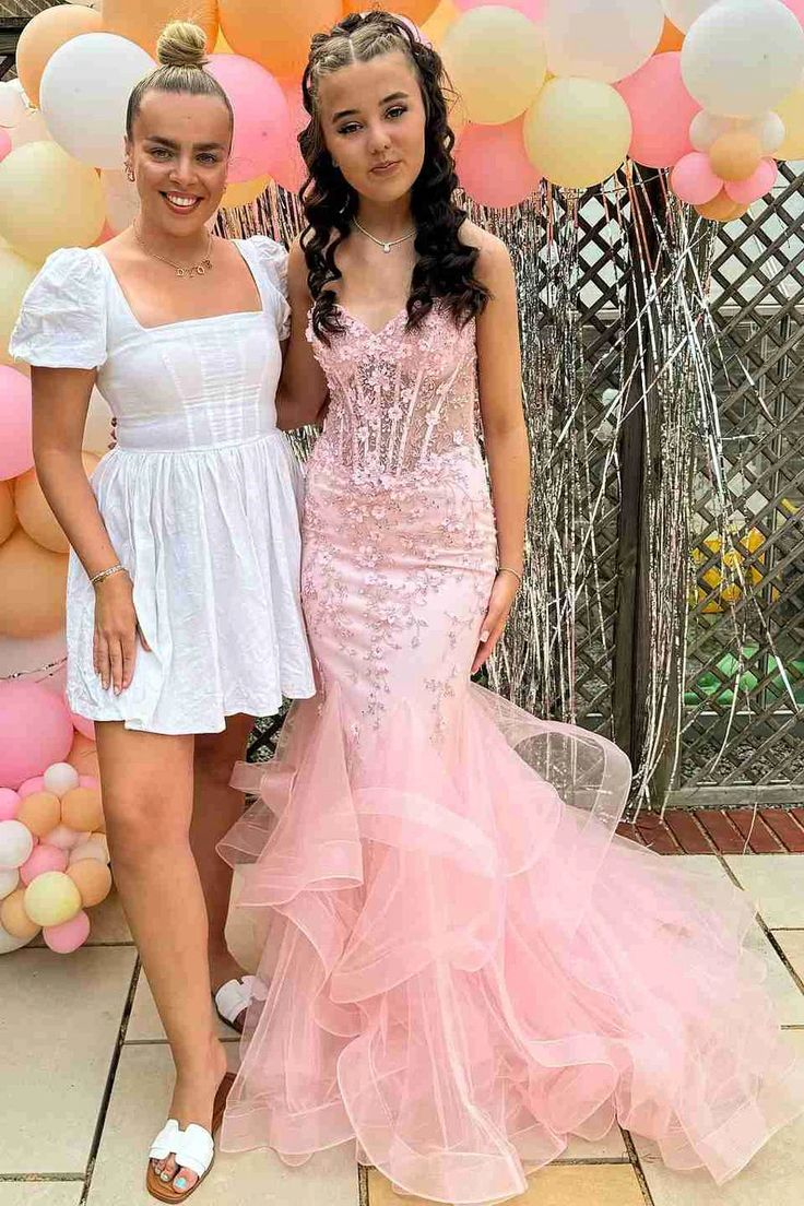 Pretty Strapless Pink Tulle Appliques Beaded Mermaid Party Dress Long Evening Gown
