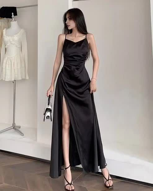 Simple Spaghetti Straps Black Slit A Line Evening Dress Long Prom Dress