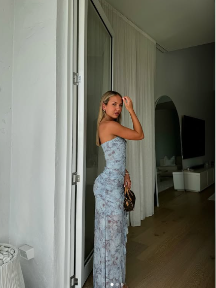 Blue Chiffon Print Floral Evening Dress,Long Slit Ruffles Party Prom Dress