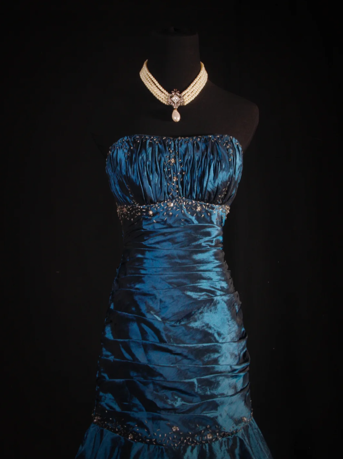 Gorgeous Strapless Satin Pleated Layered Beaded Evening Dress Navy BLue Mermaid Long Party Dress