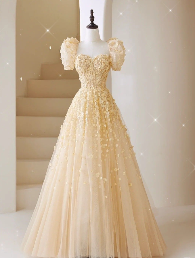 Charming Yellow A-line Puffy Sleeves Floral Prom Dress,Fairy Dress