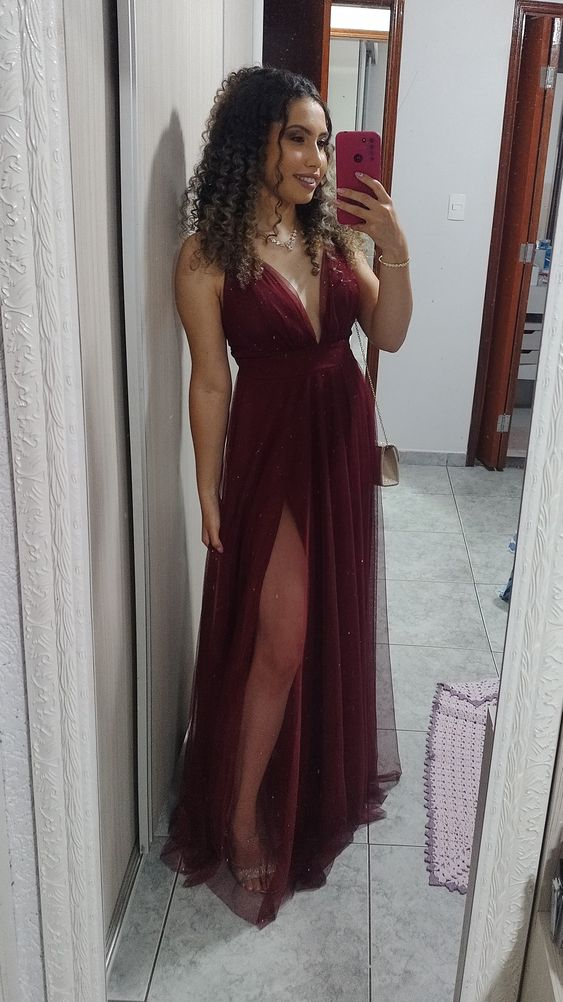 Burgundy Long Prom Dress with Slit,V Neck Formal Dress