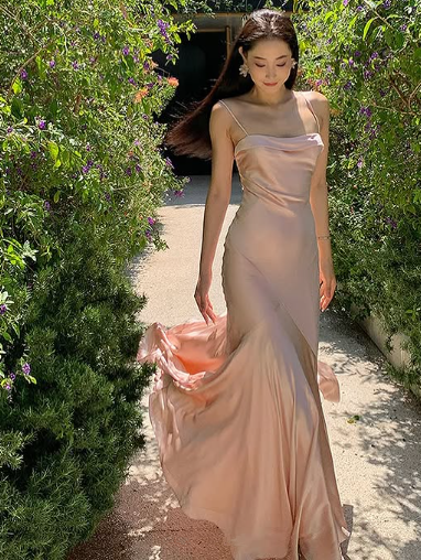 Elegant Straps Pink Satin Mermaid Evening Dress Formal Prom Dress