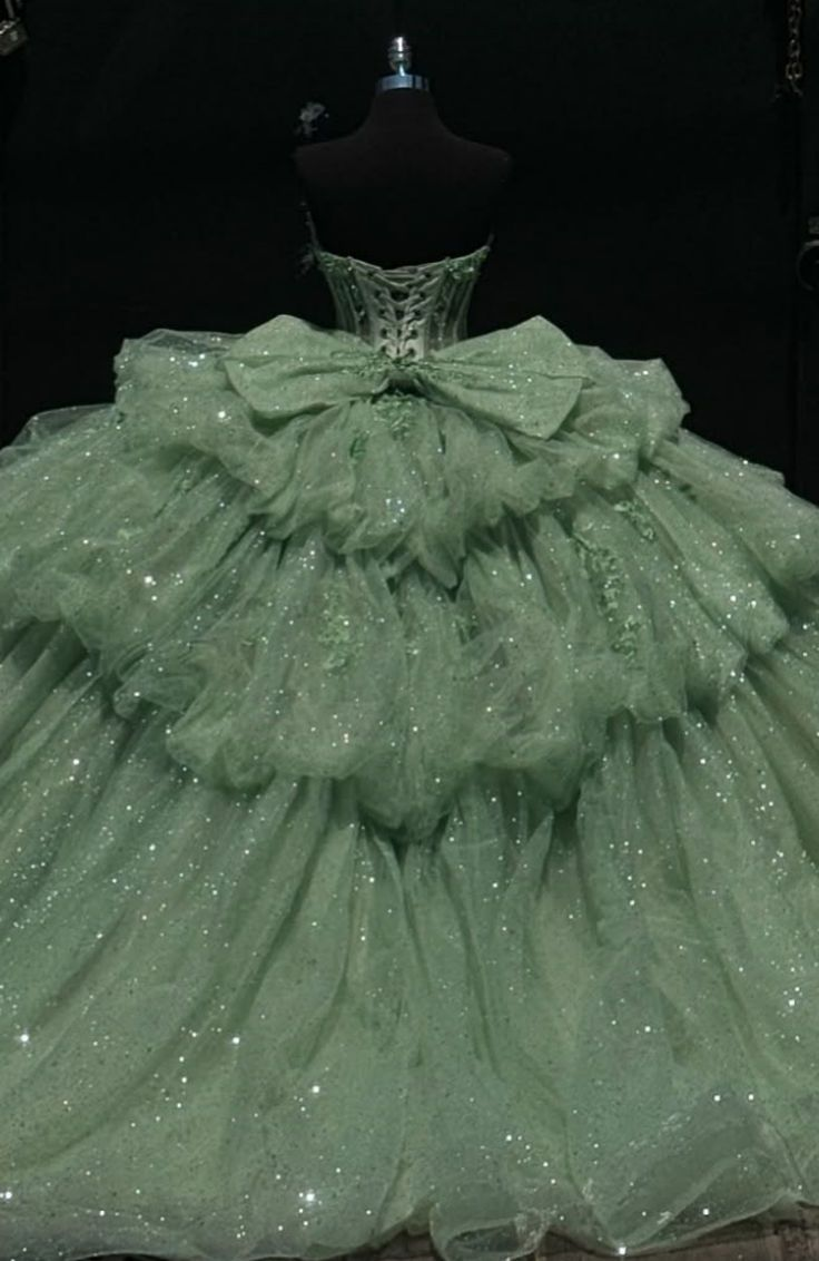 Fairy Green Tulle Sequins Appliques Quinceanera Dress Strapless Ball Gown With Bow