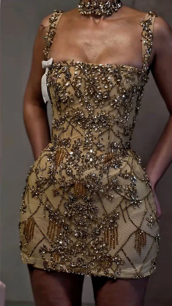 Luxury Sheath Square Neck Gold Short Formal Grade Homecoming Dresses Gold Cocktail Dress