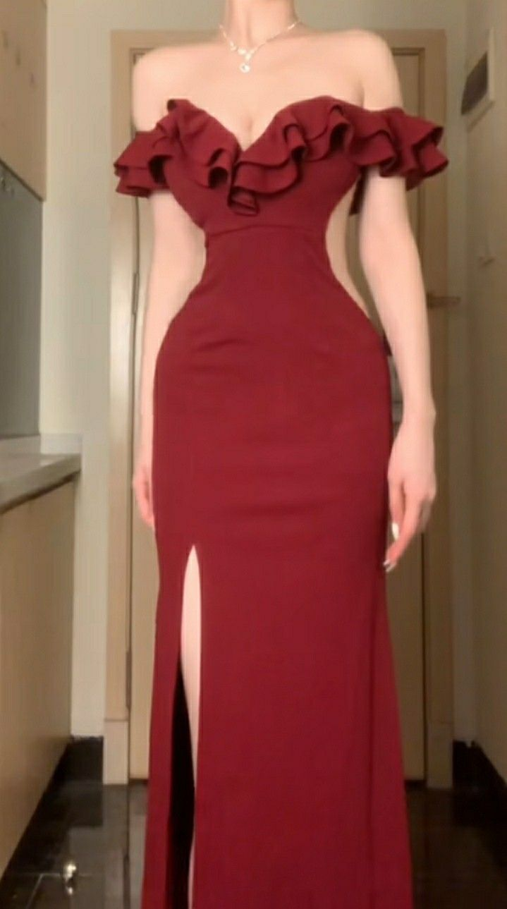 Pretty Ruffled Off The Shoulder Mermaid Long Prom Dress Slit Evening Dress