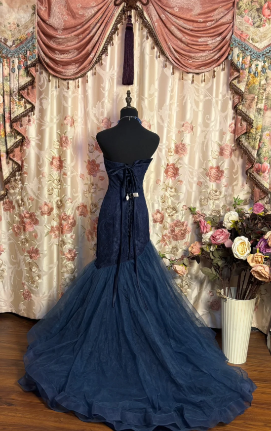 Elegant Strapless Navy Blue Tulle Lace Beaded Mermaid Evening Dress Long Birthday Prom Dress