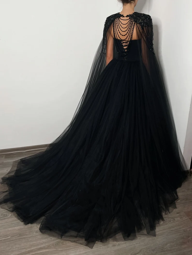 Black Gothic crystal beaded corset wedding tulle dress, elegant beaded alternive bride dress, long black cape black prom dress