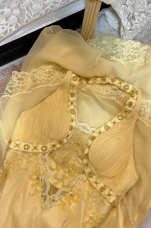 Classy Halter Yellow Lace Chiffon Beaded Mermaid Long Evening Gown Party Dress