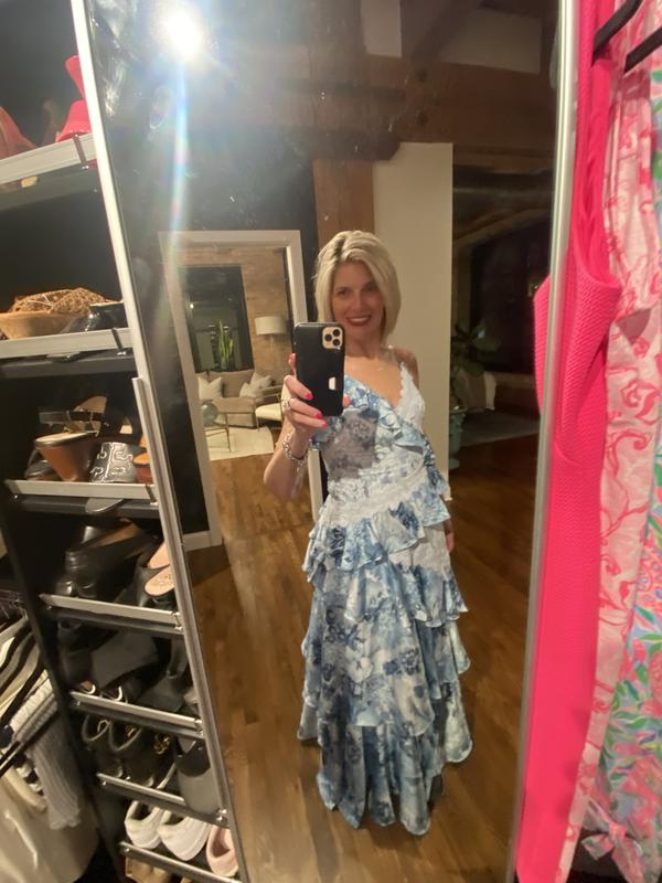 Vintage Blue Satin Print Tiered Ruffles A Line party Dress,Spaghetti Straps Prom Evening Dress