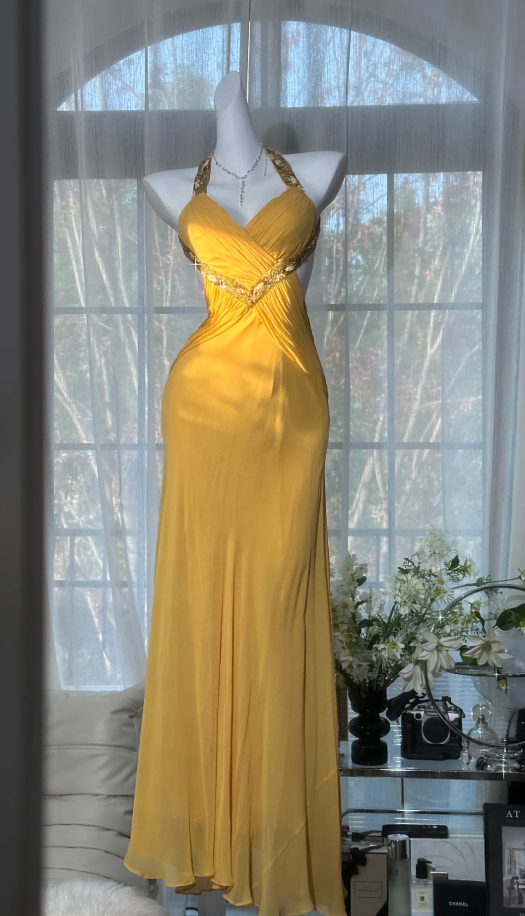 Classy Yellow V Neck Chiffon Beaded Mermaid Prom Dress Backless Long Birthday Party Dress
