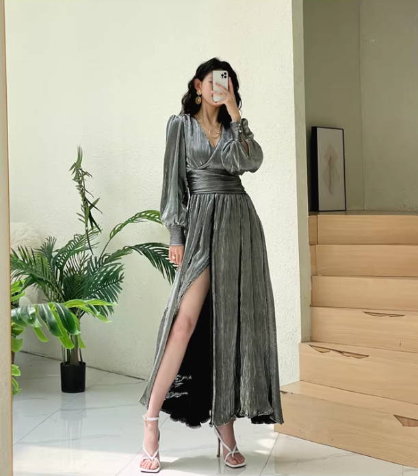 Unique Gold V Neck Satin Pleated Slit A Line Long Evening Dress Formal Wedding Guest Dress