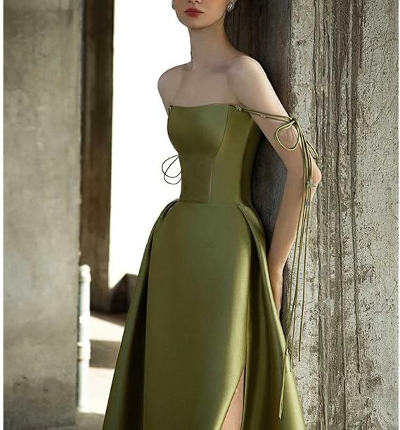 Simple A Line Green Satin Prom Dress Spaghetti Straps Long Party Evening Dress