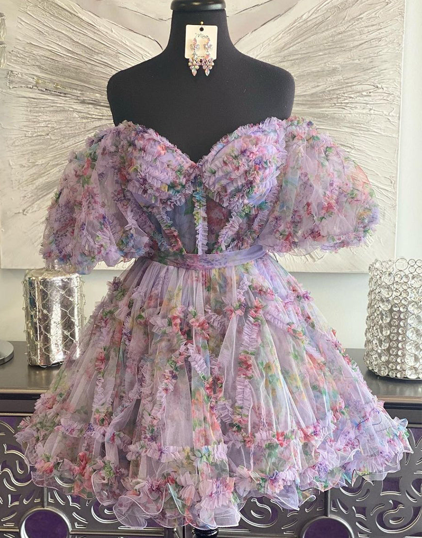Cute A-Line Off The Shoulder Short Tulle Print Homecoming Dress