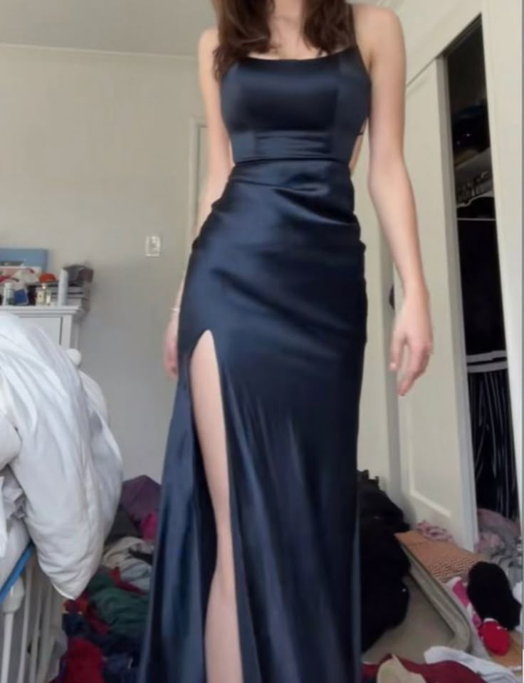 Classy Spaghetti Straps Navy Blue Satin Slit Mermaid Bridesmaid Dress Long Wedding Guest Dress