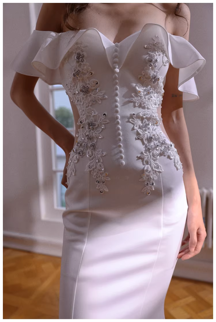 Elegant Off The Shoulder White Satin Appliques Mermaid Evening Dress Long Wedding Guest Dress
