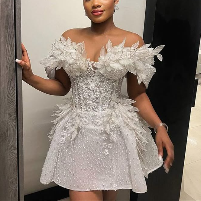 Vintage Pearls Beaded Floral Short Cocktail Dress Birthday Dress White Off The Shoulder Homecoming Dress