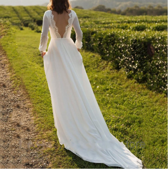 White Chiffon Simple Prom Dress Wedding Dress Open Back Prom Dress With Long Sleeves