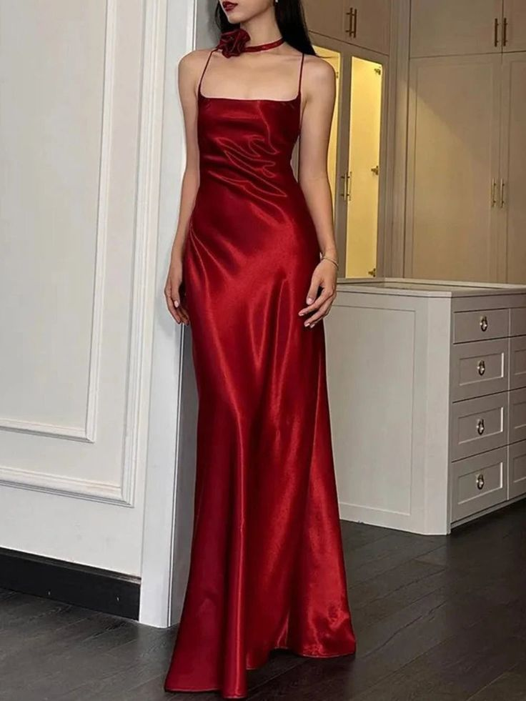 Sexy Spaghetti Straps Red Backless Prom Dress A Line Party Evening Dress