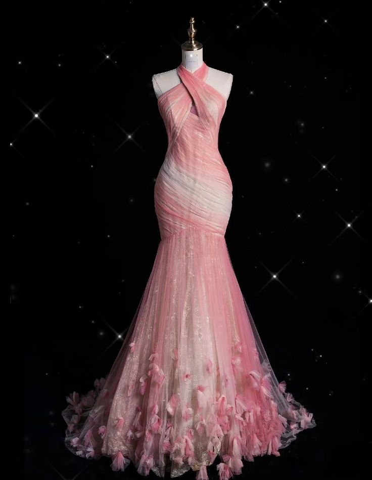 Pink Halter Tulle Lace Appliques Prom Dress Long Mermaid Evening Dress