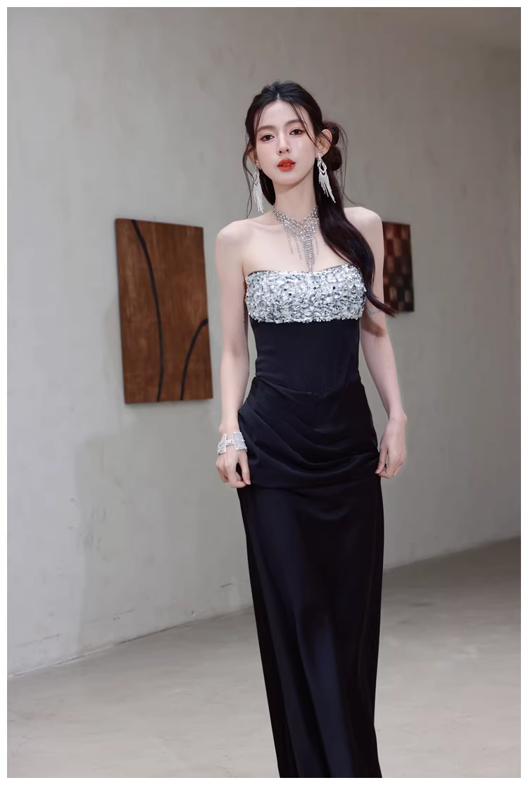 Fashion Black Strapless Satin Sequin Beaded Mermaid Evening Dress Long Wedding Guest Dress