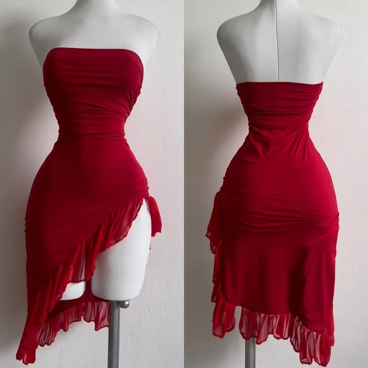 Sexy Strapless Red Ruffle Sheath Ruffle Mini Cocktail Dress Formal Graduation Homecoming Dress