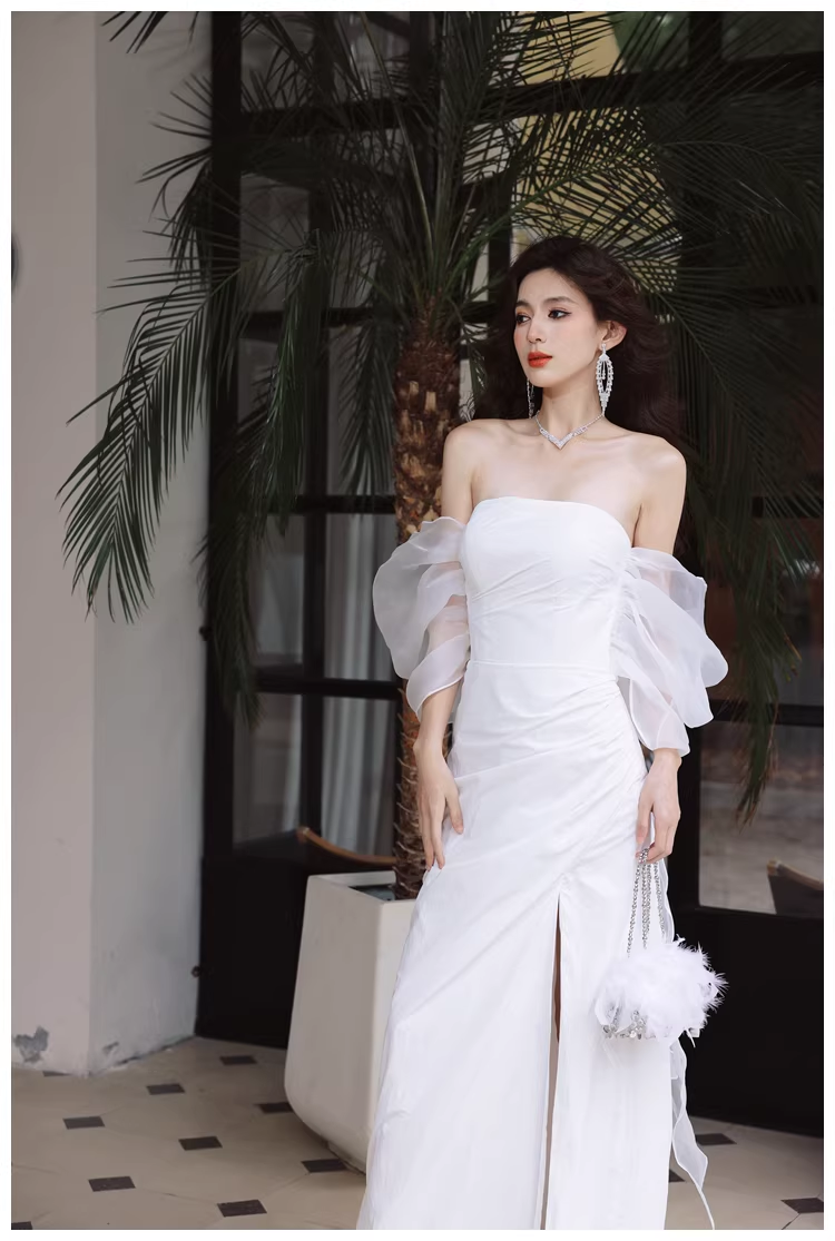Classy Off The Shoulder White Satin Slit Mermaid Long Party Dress Birthday Evening Dress