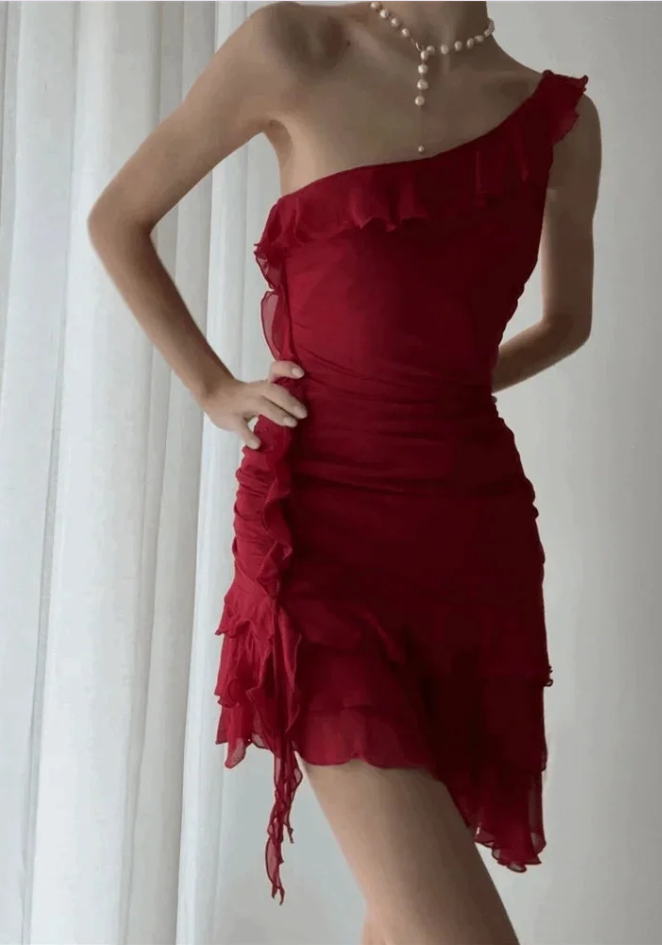 Classy Sleeveless Irregular Ruffles Chiffon Short Party Dress Red One Shoulder Graduation Homecoming Dress